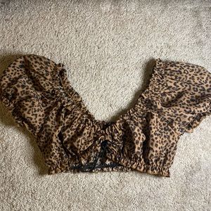 Off Shoulder Frill Trim Tie Front Leopard Top